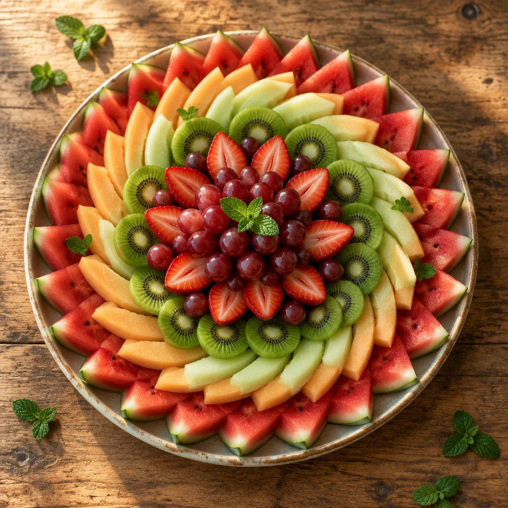 Round fruit platter with watermelon, melon, kiwi, strawberries and grapes